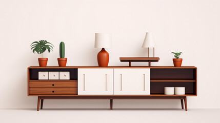 Mid-century modern sideboard with potted plants and lamps. Simple, elegant design.
