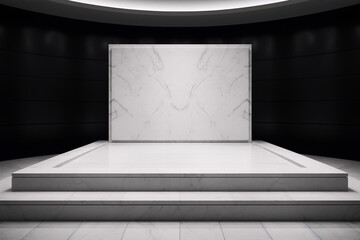 3D rendering of an empty marble podium or stage in a dark room with a spotlight.