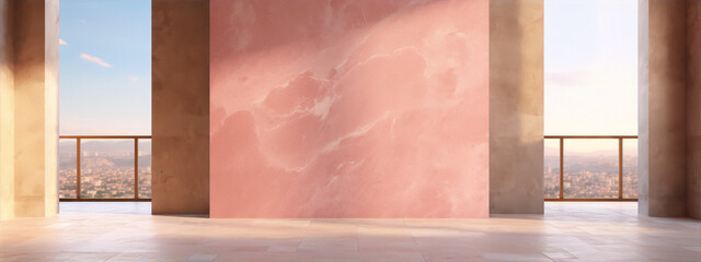 Pink marble tiles cover the floor and walls of this luxurious interior space, which is bathed in warm sunlight.