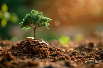Tree growing from pile of coins on soil with bokeh background,arthy background, depicting investment growth and wealth building