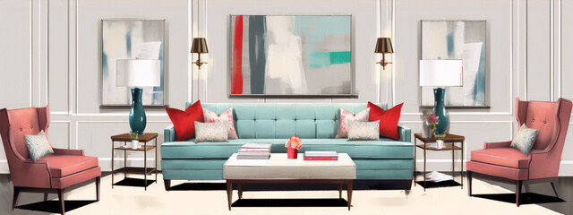 Stylish living room with teal sofa and red accents.