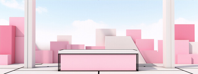 3D rendering of a pink and white geometric structure with a large pink podium in the center, set against a bright blue sky with white clouds.