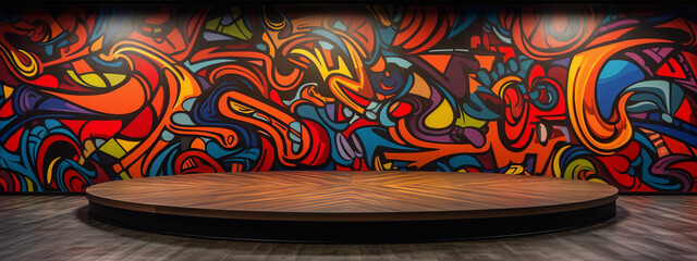 vibrant graffiti covers the interior wall behind an empty wooden stage in an urban setting