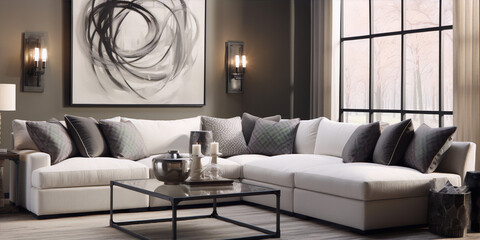 Modern interior design living room with large artwork, white sectional sofa, and large windows