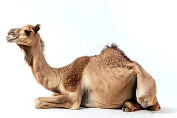 Arabian camel resting or sitting on the ground isolated on white background. side view photograph, full body shot. - obrazy, fototapety, plakaty