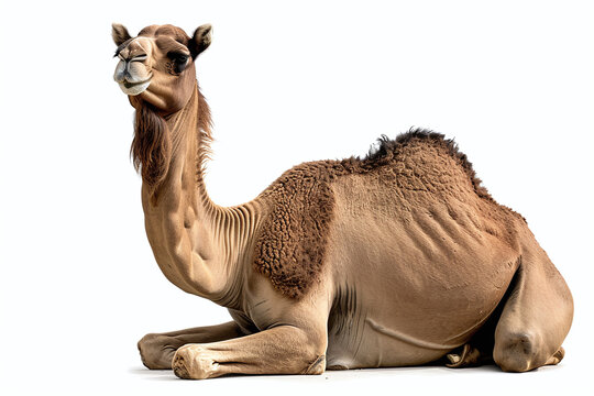 Arabian camel resting or sitting on the ground isolated on white background. side view photograph, full body shot.