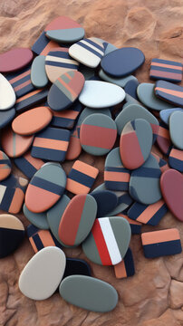 Colorful painted rocks with geometric patterns on a stone background, in an abstract art style.