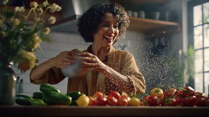 Biracial mature woman with short hair sprinkling pepper with shaker on vegetables - Powered by Adobe