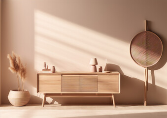 Minimalist interior design in warm colors with wooden console, pampas grass, and round mirror