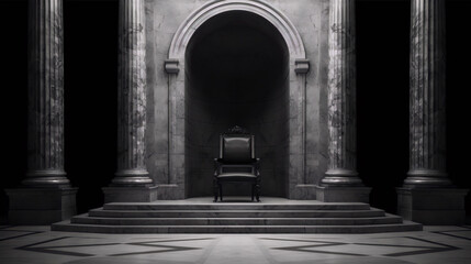 3D rendering of a dark and empty throne room with a single throne on a raised platform in the center