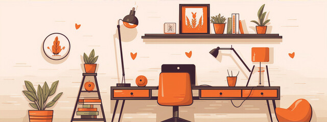A home office decorated in a modern style with orange accents, featuring a desk, a chair, a lamp, a shelf, plants, books, and a bean bag.