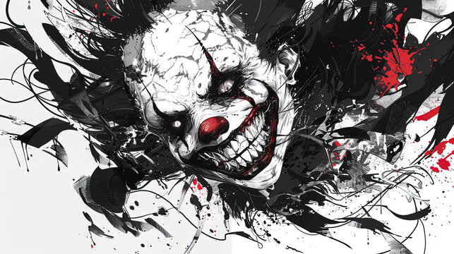 Horror clown anime manga illustration black and white scene