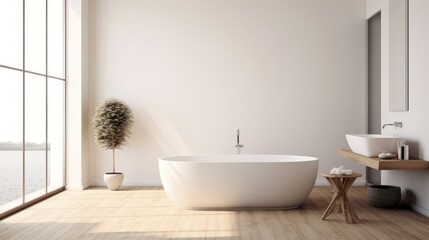 Fototapeta na wymiar Blank white bathroom with wooden floors