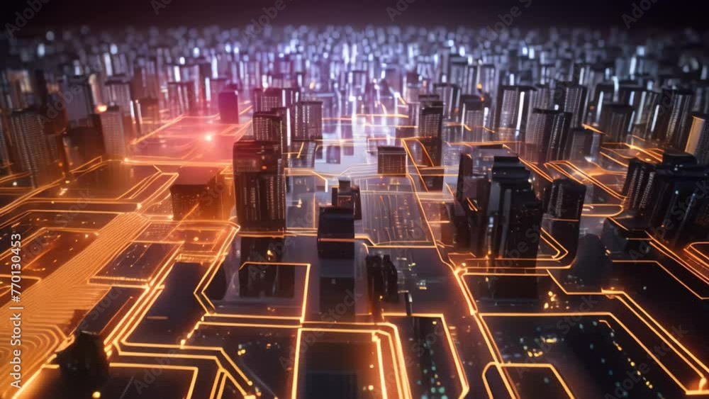 Aufkleber abstract digital city with circuit board on dark background. 3d rendering, abstract futuristic circu