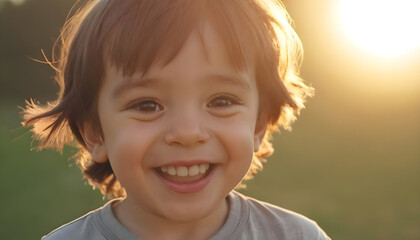 A portrait of a little smiling happy boy outdoors, looking at the camera with big eyes, backlight, sunset close-up photo, brimming with warmth and joy, summertime