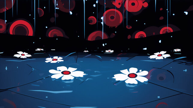 White and red flowers floating on blue water in a dark rainy night, digital art, surrealism.