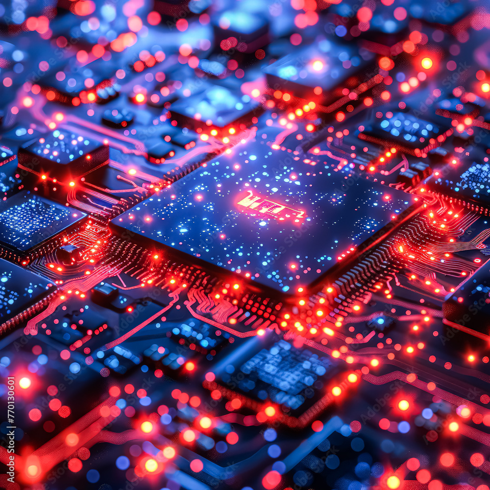 Poster a close up of a computer chip with a red glow. the chip is a microprocessor and is surrounded by oth