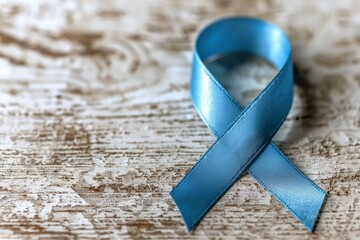 A blue ribbon is on wooden surface