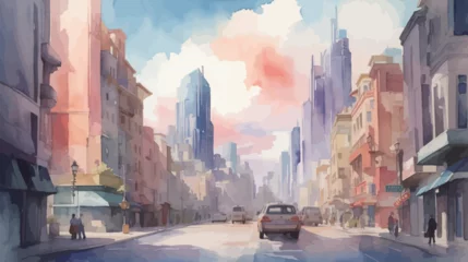 Fotobehang 水彩で描いた都会の街並みのイラスト Generative AI © newmin