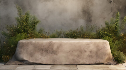 3D rendering of a concrete pedestal covered with a beige cloth against a gray concrete wall with overgrown plants on both sides