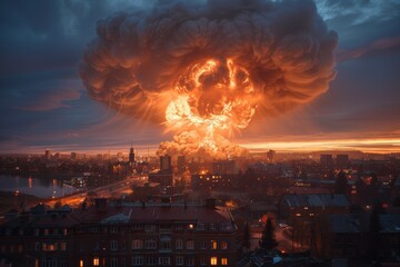 A large explosion is seen in the sky above a city