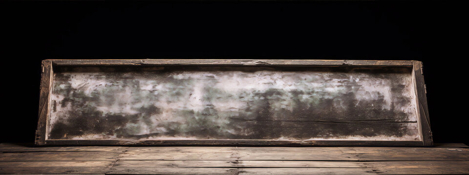 Rustic wooden table and frame with white distressed peeling paint on black background in still life photography