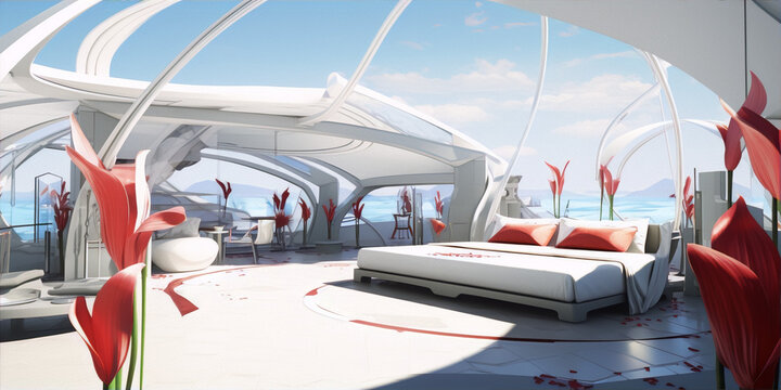 Futuristic bedroom interior with large glass windows and red flowers