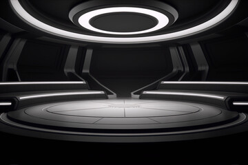 Futuristic spaceship interior with glowing lights in the dark