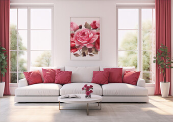 Painting, watercolor, pink roses, white sofa, pink pillows, pink curtains, living room, interior, soft pink tones, romantic, shabby chic, feminine