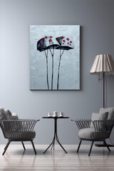Oil painting of black umbrellas with red flowers on a light gray background in an interior with gray armchairs and a table with a tea set.