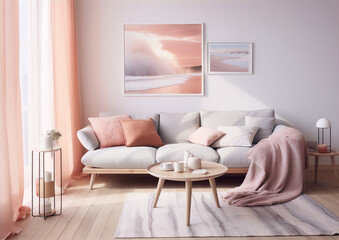 Minimalist living room interior with pink accents and coastal photography in white frames