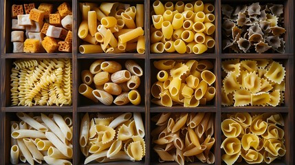 Pasta assorted. Set of different types of paste in the cells of a wooden box. - obrazy, fototapety, plakaty