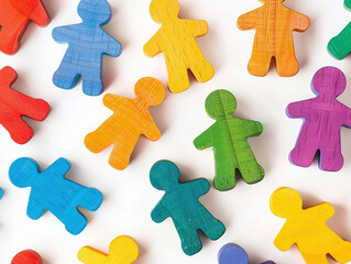 Multi colored wooden figures, business people, staff, employment, manager, or recruitment image concept. human resources.