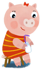 cartoon scene with little piggy girl drinking milk sitting on chair illustration for children