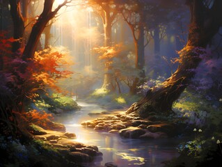 Fantasy landscape with a river, trees and foggy forest.
