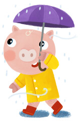 cartoon scene with happy farmer pig boy on the trip with umbrella in the rain happy having fun in yellow raining coat illustration for children