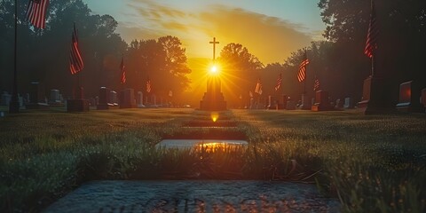 Sunset at National Cemetery with American flags on graves of veterans on Memorial Day. Concept National Cemetery, Memorial Day, Sunset Photography, American Flags, Veterans' Graves