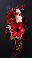 vibrant red and white flowers bouquet on black background, still life, floral, detailed, intricate, delicate, soft, romantic, elegant, Victorian, Neoclassical
