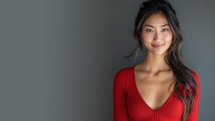 Asian woman in red halter V-Neck smiling isolated on gray - obrazy, fototapety, plakaty