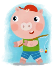 Fototapeten cartoon scene with farm pig boy child walking to fish and smiling and looking in dungerees illustration for children © honeyflavour