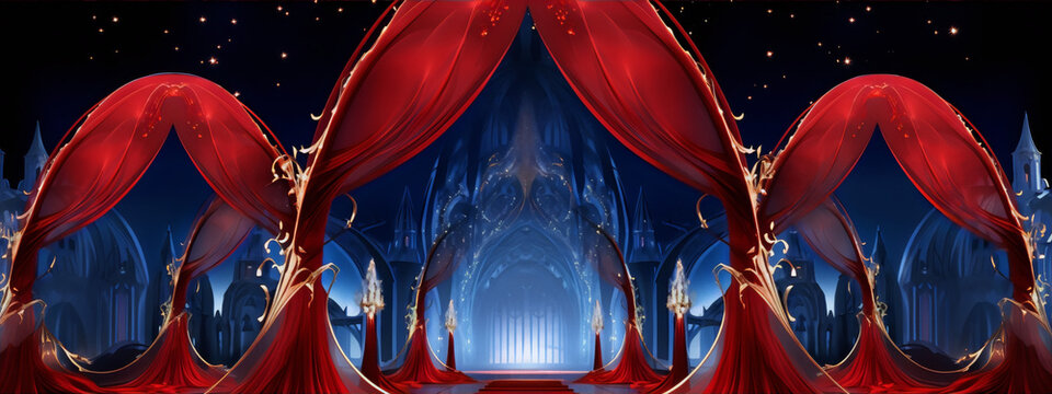 A digitally created painting of a fantasy castle interior in a romantic style with red velvet curtains and a starry night sky.