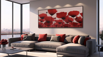 Modern interior design living room with large windows, gray sofa and red poppies painting