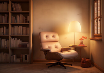 Cozy reading nook with a mid-century modern armchair and a large bookshelf in the background rendered in 3D.