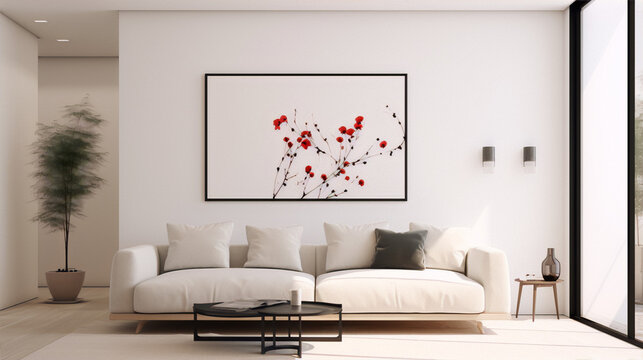 A minimalist living room with a large framed painting of red flowers in a black frame, a white sofa, a gray rug, a small coffee table with a black vase, and a potted plant in the corner.