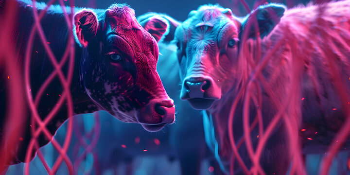 colorful neon cow with pink dots, glowing binary brust strock, cyber animal cultivation, international animal day, cloned animal with desired traits, yalk 

