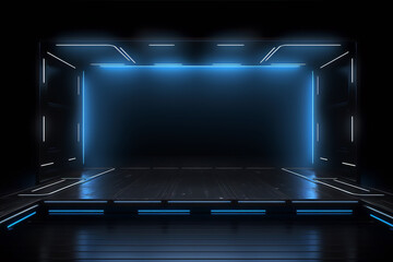 Obraz premium 3D rendering of a dark futuristic interior with blue glowing neon lights