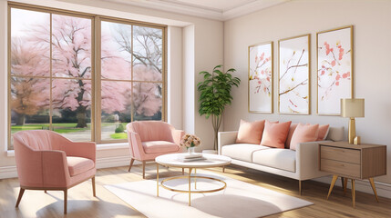 Elegant living room interior with pink armchairs and sofa, golden coffee table, and botanical posters in white frames on the wall in bright natural light from the window.