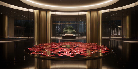 Luxury hotel lobby interior with a modern art sculpture of red flowers and a reflecting pool, illuminated by warm lighting - obrazy, fototapety, plakaty