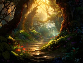 Fantasy landscape with a river in the forest. Digital painting.