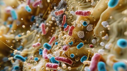 A detailed view of biofilm formation with bacteria secreting a variety of substances to create a protective and sticky environment. - obrazy, fototapety, plakaty